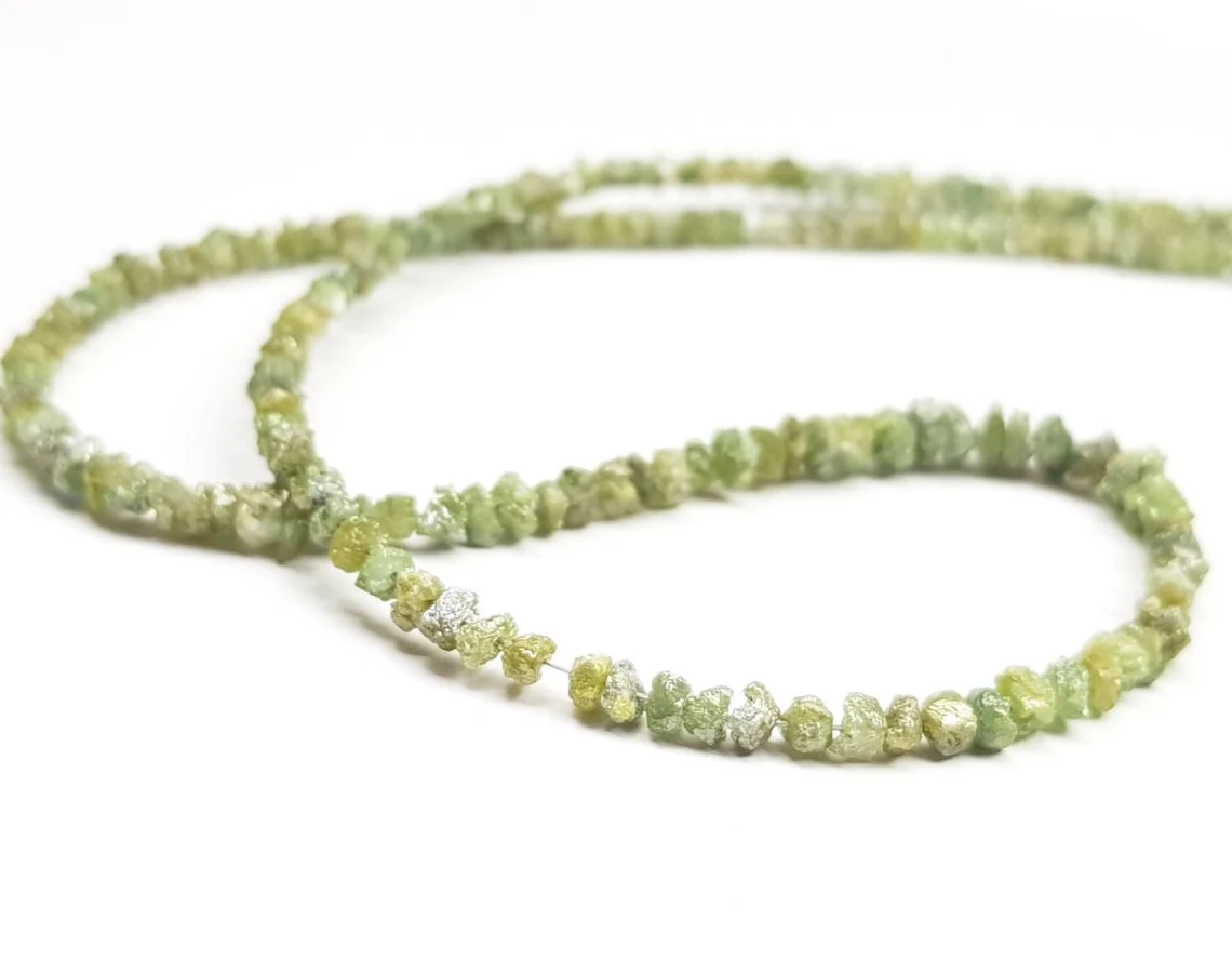 50.00 Ct Natural Green Rough Diamonds Beads 16" Strand Necklace .Silver Clasp, Conflict Free Raw Loose Diamond Beads Chain