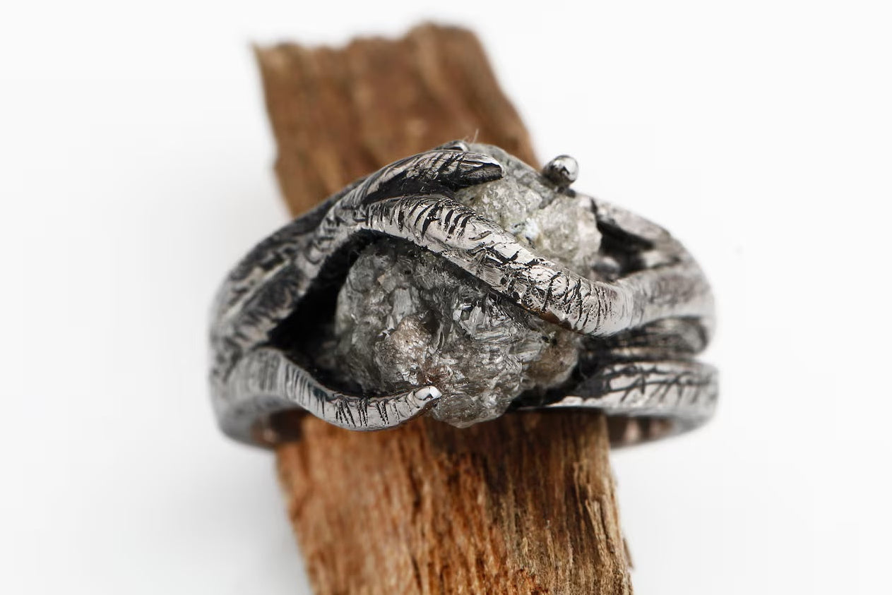 7.60 Ct Salt and Pepper Raw Diamond Ring, 14k Gold Engagement Ring, Natural Gray Rough Diamond Ring, Gift for Women