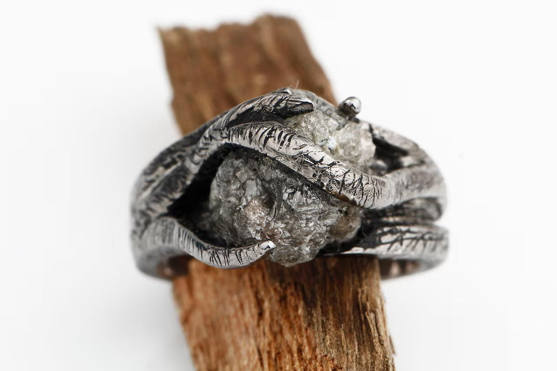 7.60 Ct Salt and Pepper Raw Diamond Ring, 14k Gold Engagement Ring, Natural Gray Rough Diamond Ring, Gift for Women