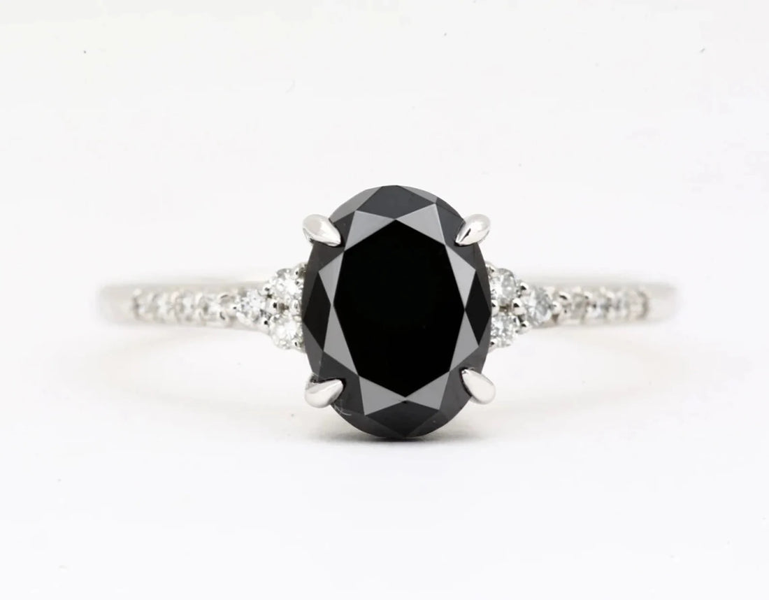 Black Diamond Ring, 14K Gold Engagement Ring, Natural Oval Diamond Ring, Gift for Her