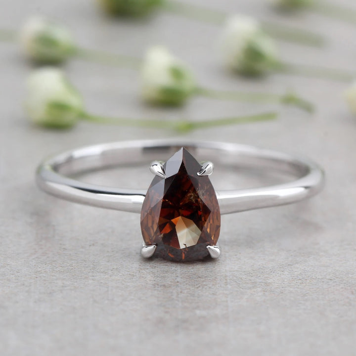Brown Diamond Ring, 14K Gold Engagement Ring, Natural Pear Diamond Ring, Christmas Gift for Women