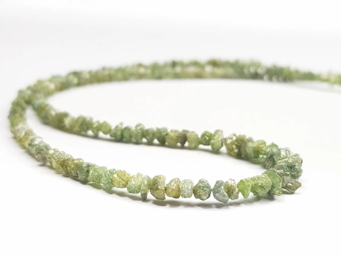 50.00 Ct Natural Green Rough Diamonds Beads 16" Strand Necklace .Silver Clasp, Conflict Free Raw Loose Diamond Beads Chain