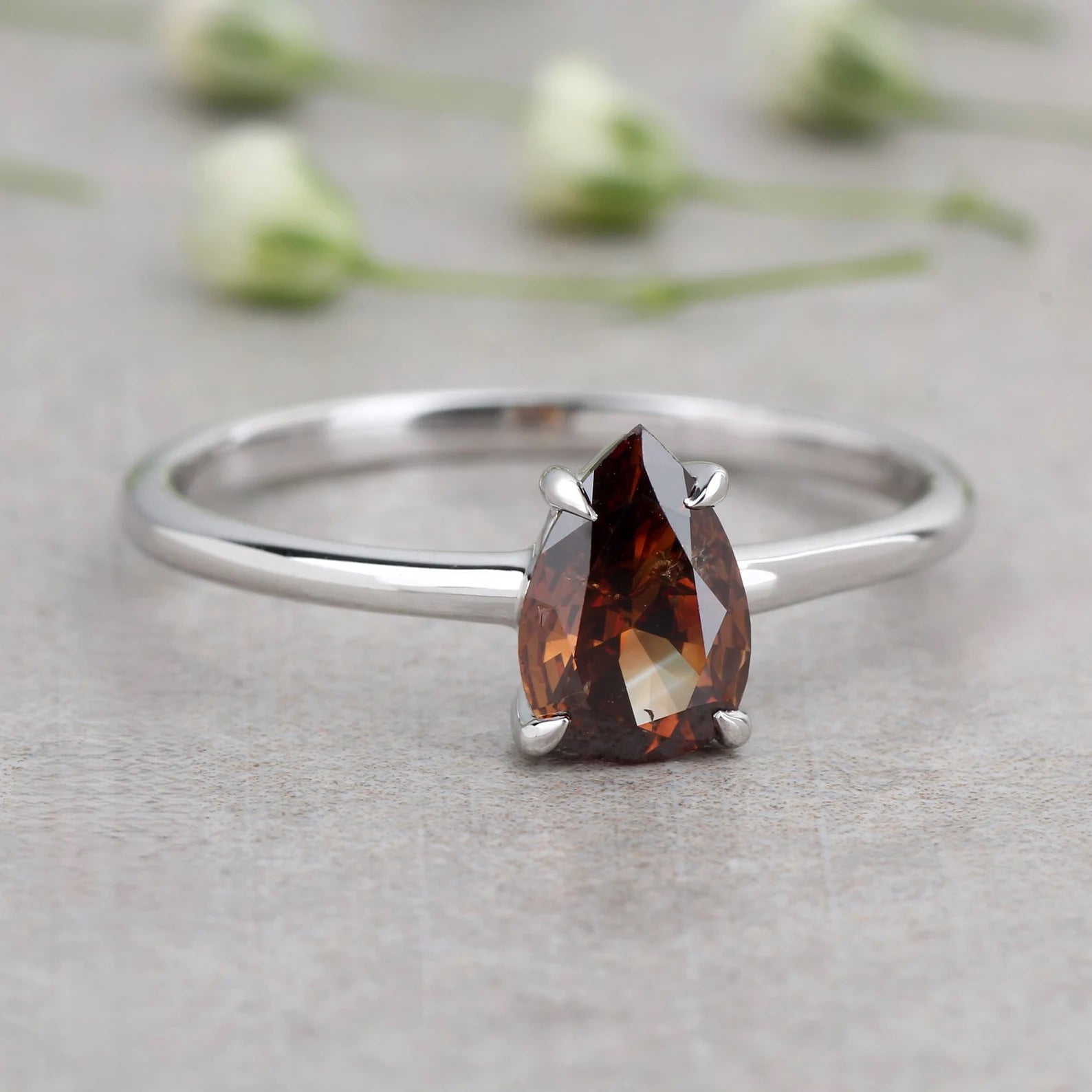 Brown Diamond Ring, 14K Gold Engagement Ring, Natural Pear Diamond Ring, Christmas Gift for Women