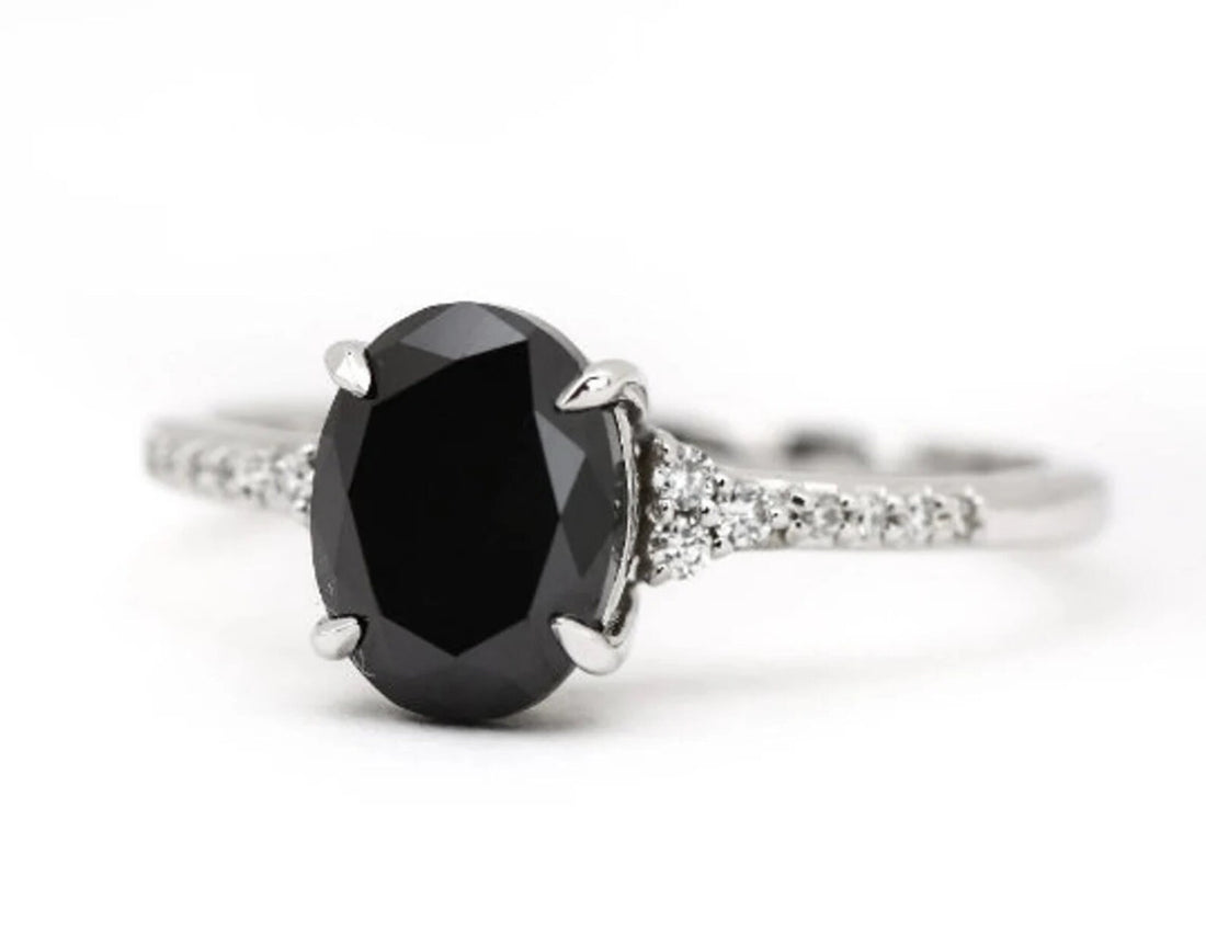 Black Diamond Ring, 14K Gold Engagement Ring, Natural Oval Diamond Ring, Gift for Her