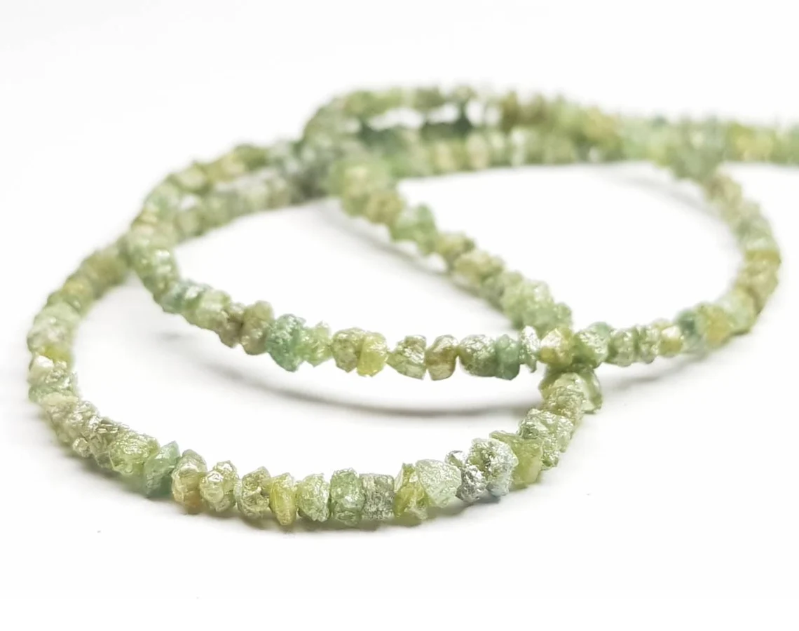 50.00 Ct Natural Green Rough Diamonds Beads 16" Strand Necklace .Silver Clasp, Conflict Free Raw Loose Diamond Beads Chain