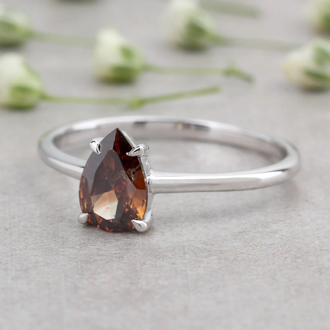 Brown Diamond Ring, 14K Gold Engagement Ring, Natural Pear Diamond Ring, Christmas Gift for Women