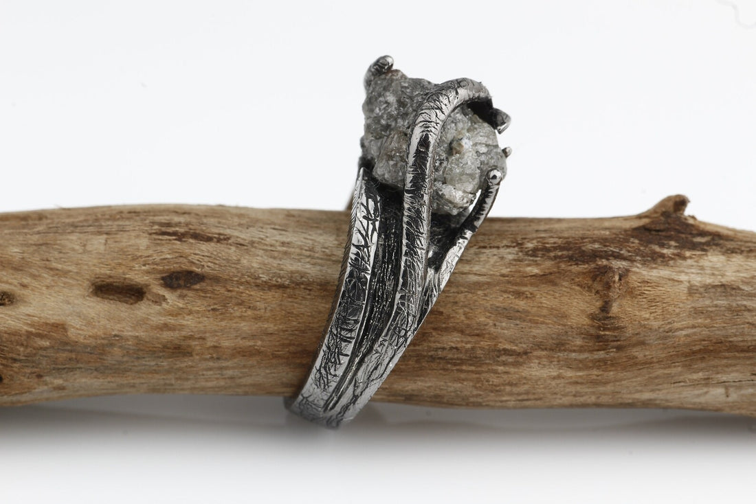 7.60 Ct Salt and Pepper Raw Diamond Ring, 14k Gold Engagement Ring, Natural Gray Rough Diamond Ring, Gift for Women