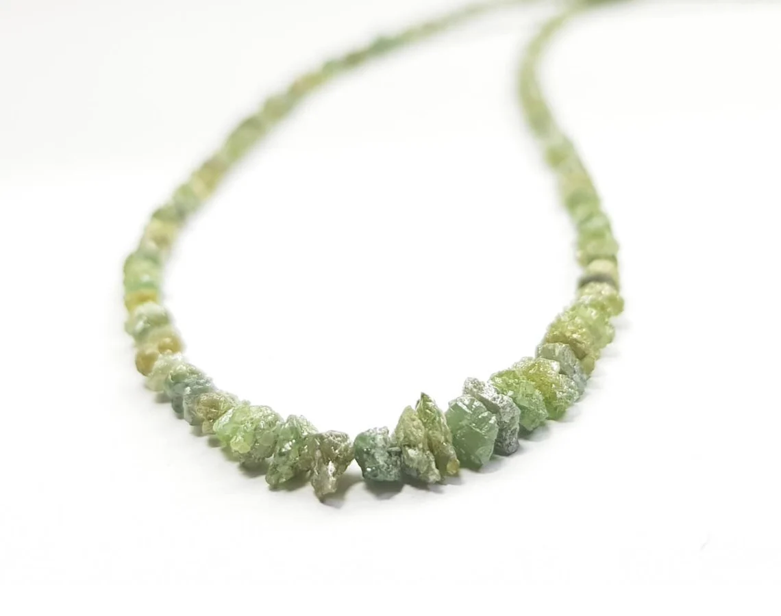 50.00 Ct Natural Green Rough Diamonds Beads 16" Strand Necklace .Silver Clasp, Conflict Free Raw Loose Diamond Beads Chain
