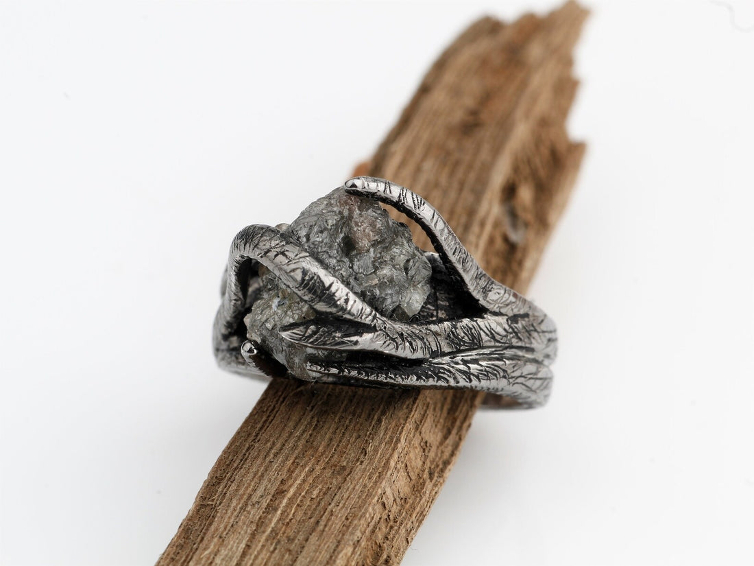 7.60 Ct Salt and Pepper Raw Diamond Ring, 14k Gold Engagement Ring, Natural Gray Rough Diamond Ring, Gift for Women