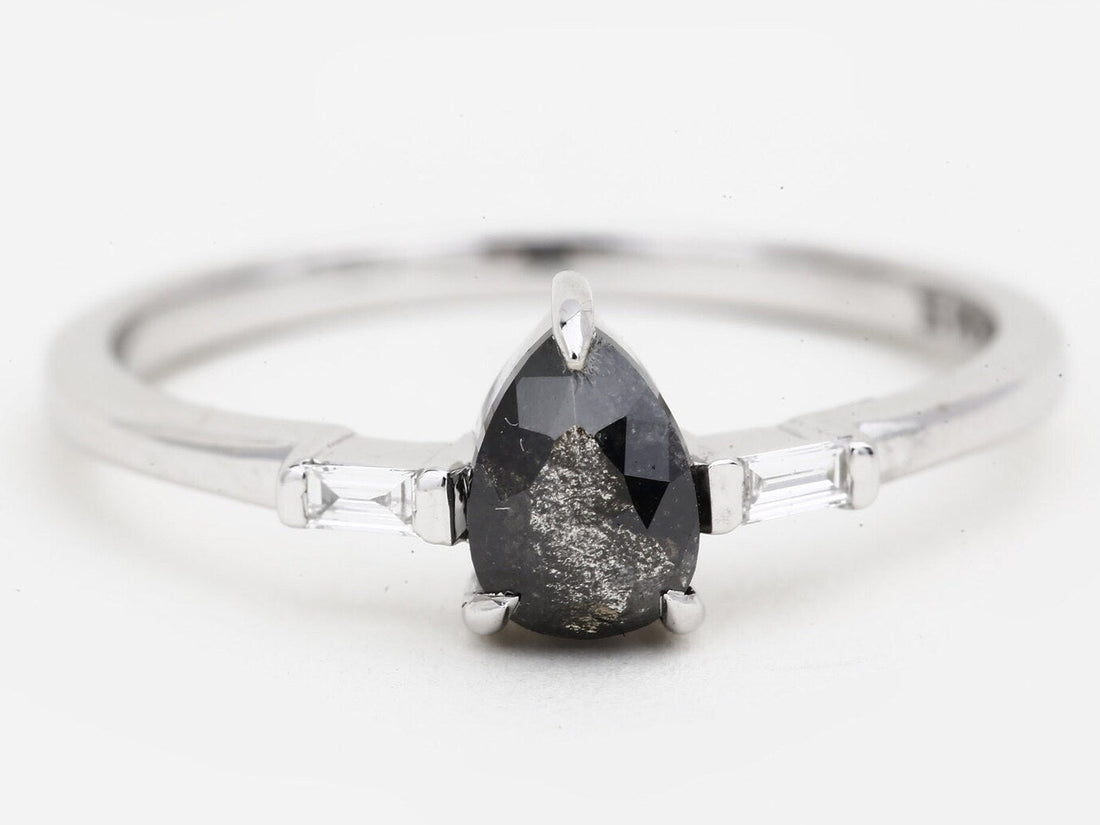 Salt and Pepper Diamond Ring, 14K Gold Engagement Ring, Natural Pear Gray Diamond Ring, Gift for Women