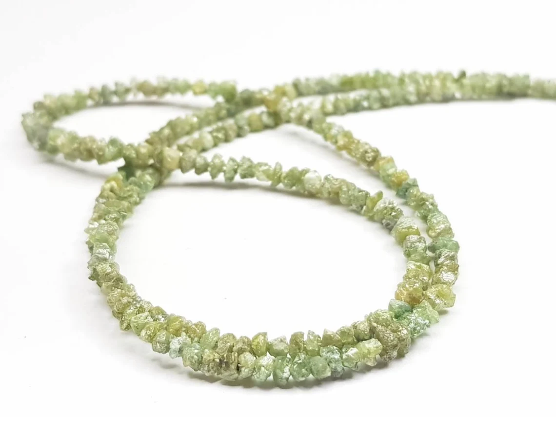 50.00 Ct Natural Green Rough Diamonds Beads 16" Strand Necklace .Silver Clasp, Conflict Free Raw Loose Diamond Beads Chain