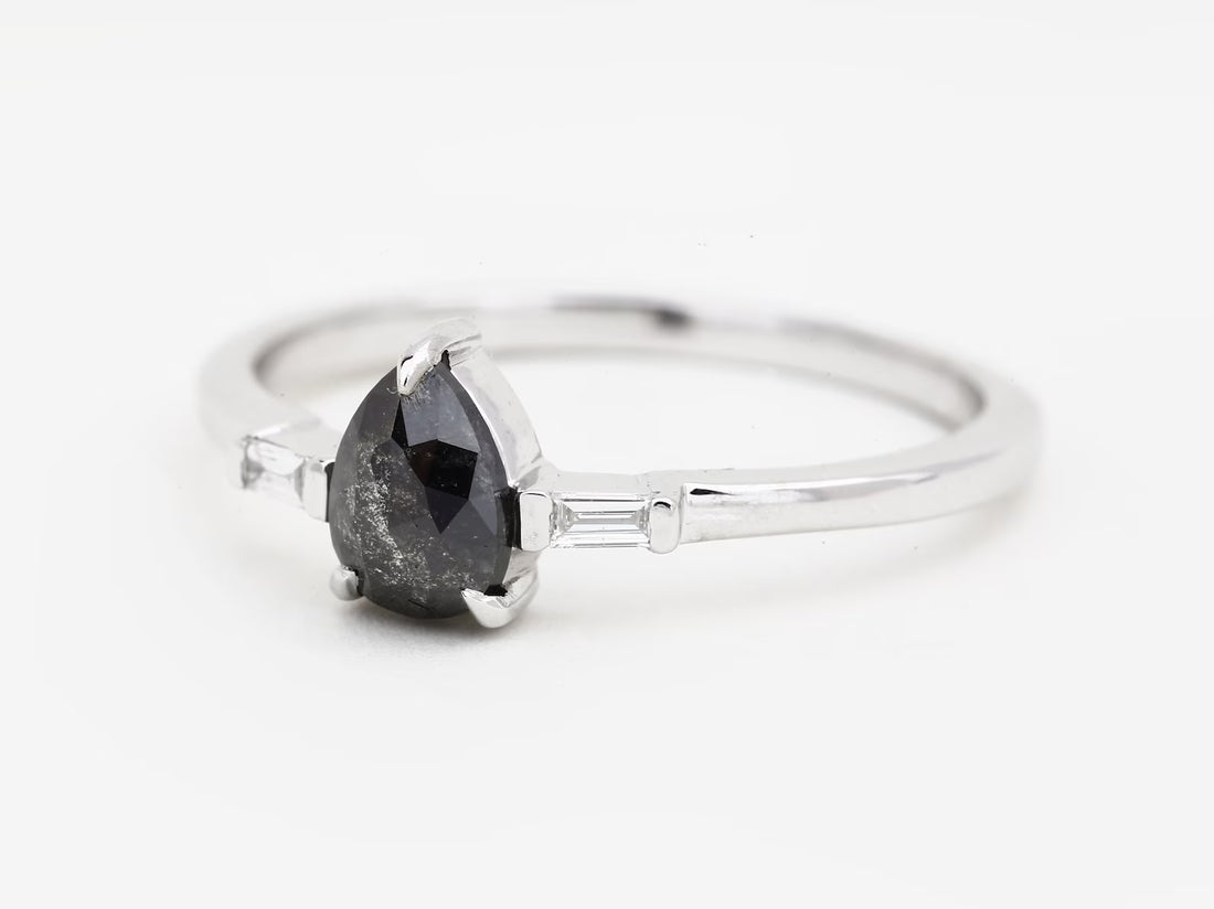 Salt and Pepper Diamond Ring, 14K Gold Engagement Ring, Natural Pear Gray Diamond Ring, Gift for Women