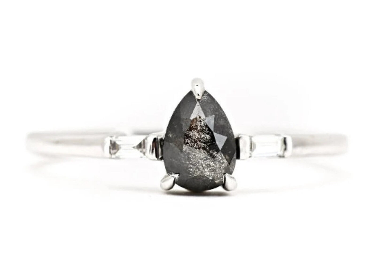 Salt and Pepper Diamond Ring, 14K Gold Engagement Ring, Natural Pear Gray Diamond Ring, Gift for Women