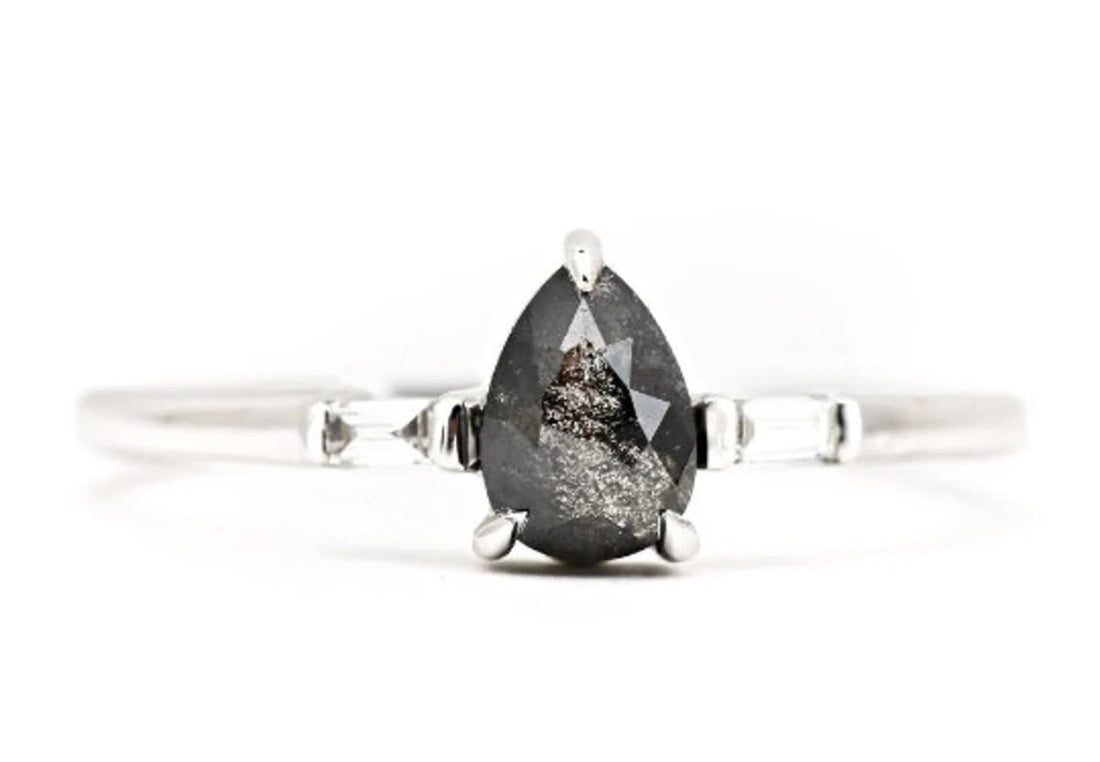 Salt and Pepper Diamond Ring, 14K Gold Engagement Ring, Natural Pear Gray Diamond Ring, Gift for Women