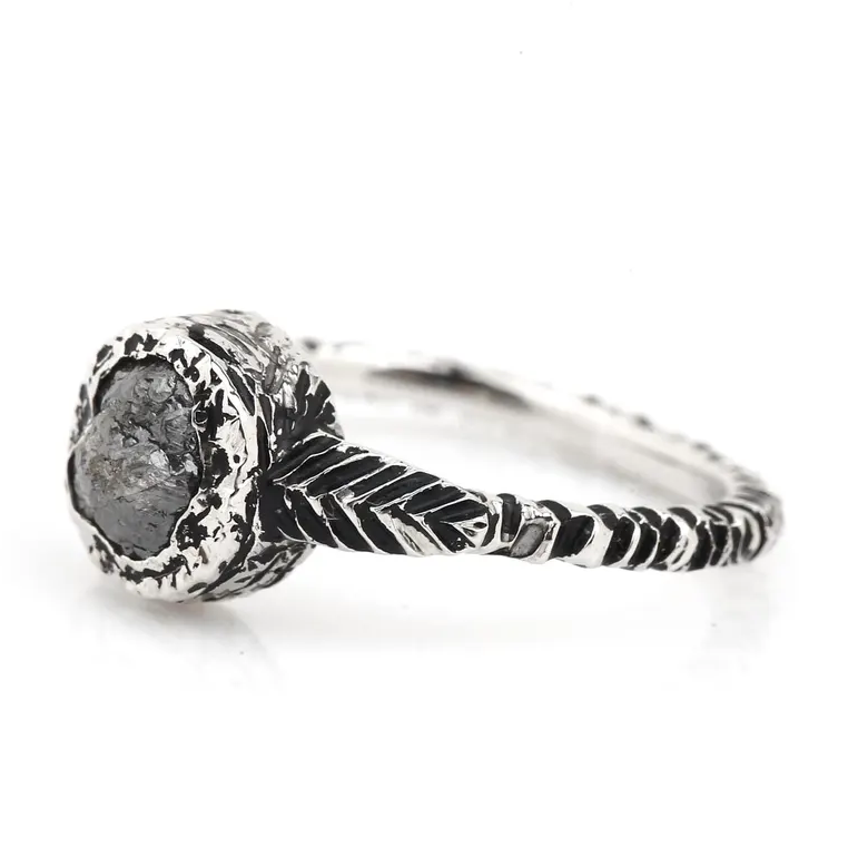 Raw Diamond Ring 14K Gold Engagement Ring, Natural Black Rough Diamond Ring, Handmade Gift for Her