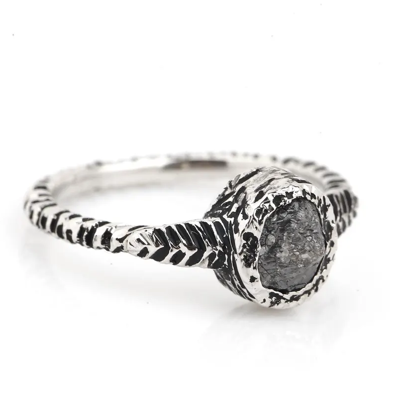 Raw Diamond Ring 14K Gold Engagement Ring, Natural Black Rough Diamond Ring, Handmade Gift for Her
