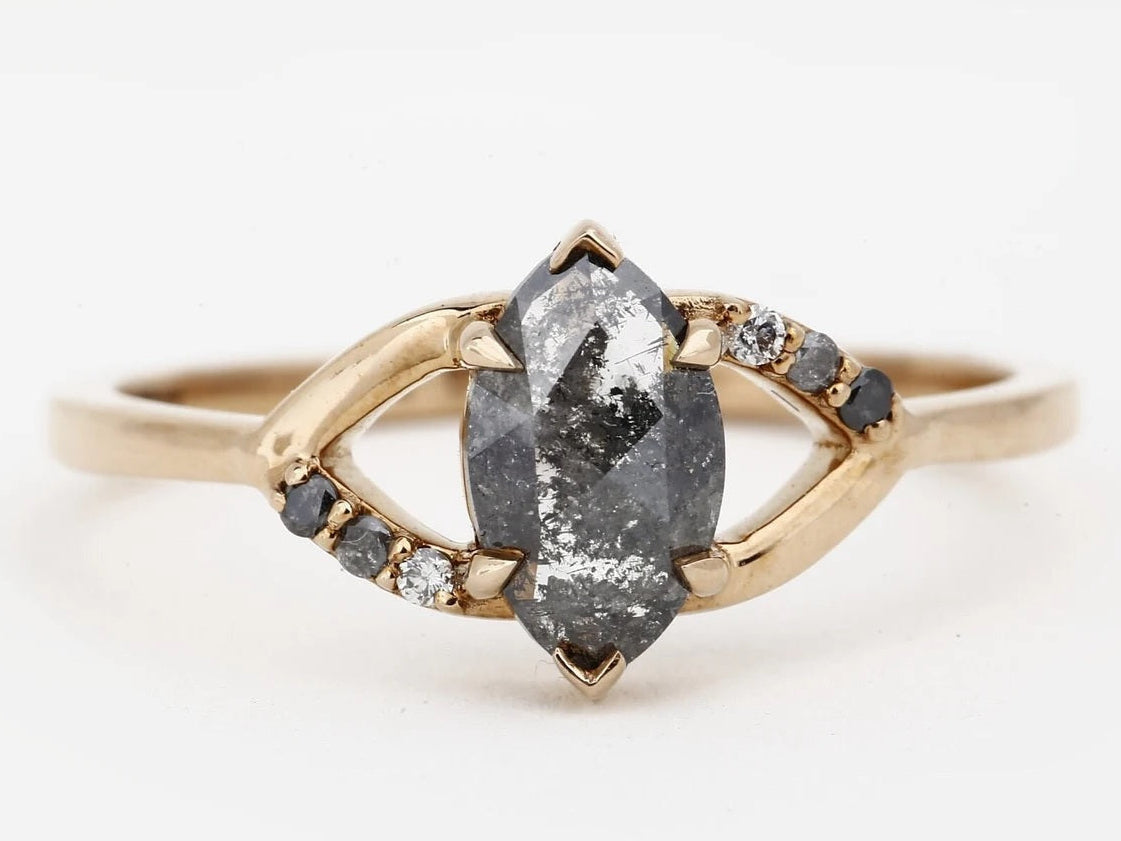 Salt and Pepper Diamond Ring, 14k Gold Engagement Ring, Natural Marquise Diamond Ring, Christmas Gift for Her