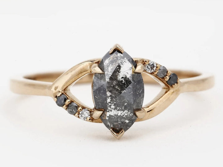 Salt and Pepper Diamond Ring, 14k Gold Engagement Ring, Natural Marquise Diamond Ring, Christmas Gift for Her