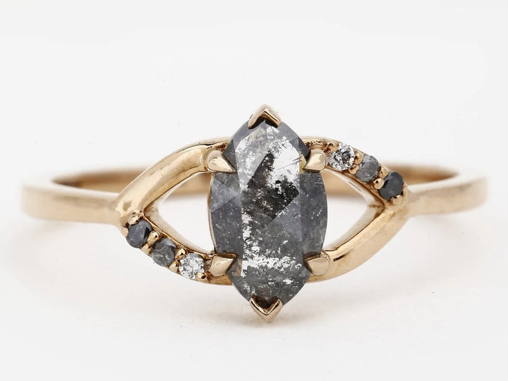 Salt and Pepper Diamond Ring, 14k Gold Engagement Ring, Natural Marquise Diamond Ring, Christmas Gift for Her