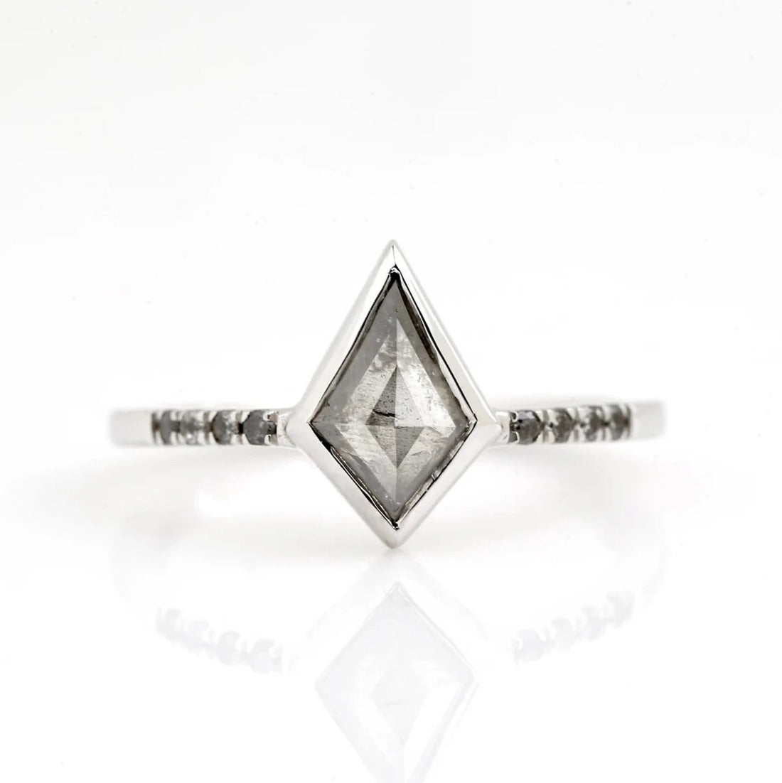 Salt and Pepper Diamond Ring, 14K White Gold Engagement Ring, Natural Kite Gray Diamond Bezel Ring, Gift for Her
