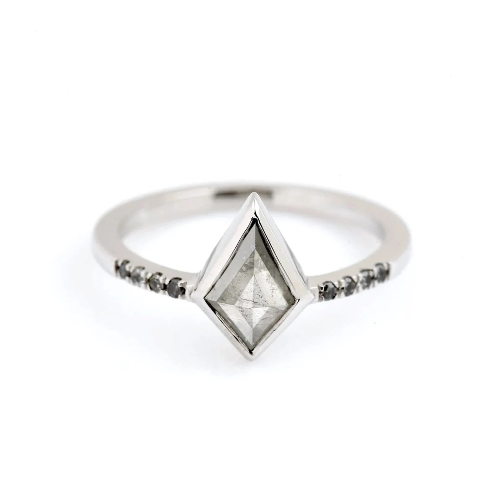 Salt and Pepper Diamond Ring, 14K White Gold Engagement Ring, Natural Kite Gray Diamond Bezel Ring, Gift for Her