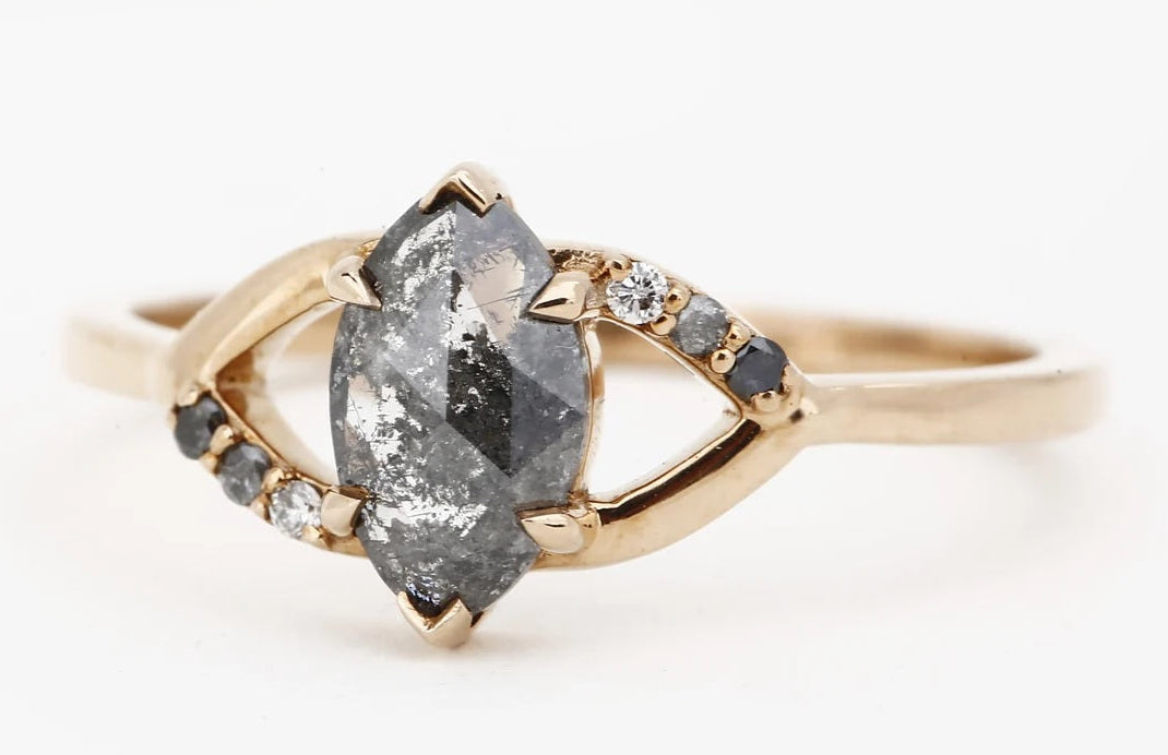 Salt and Pepper Diamond Ring, 14k Gold Engagement Ring, Natural Marquise Diamond Ring, Christmas Gift for Her