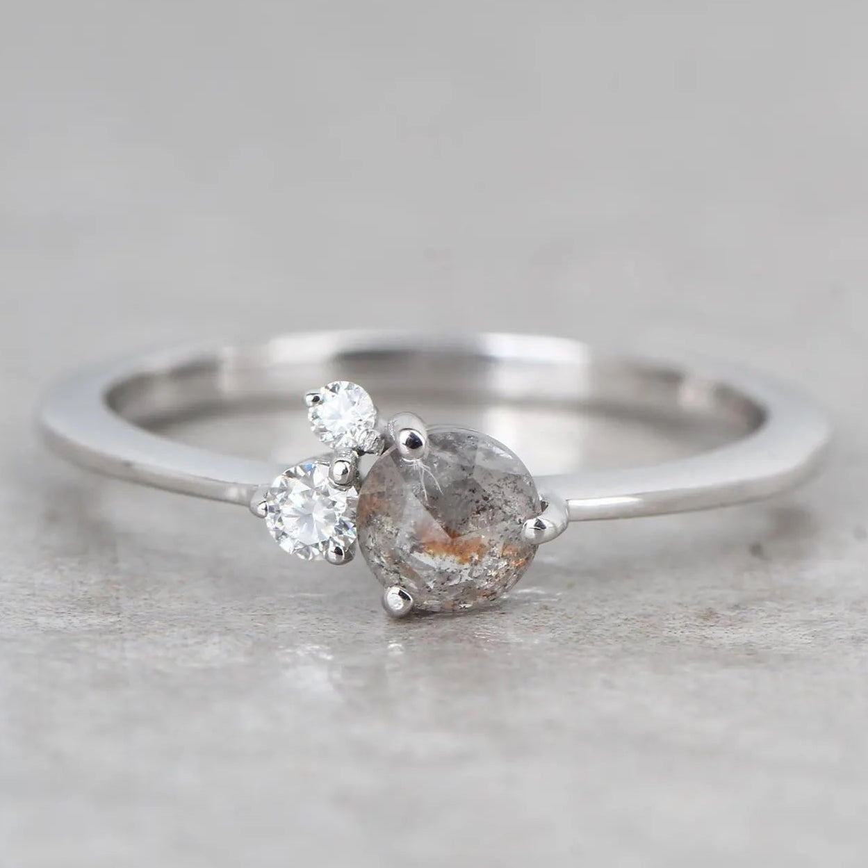 Salt and Pepper Diamond Ring, 14K White Gold Engagement Ring, Natural Round Rose Cut Gray Diamond Ring, Gift for Her