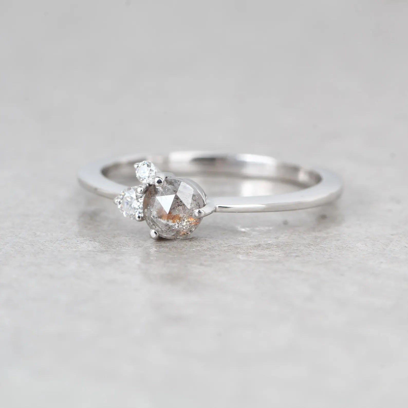 Salt and Pepper Diamond Ring, 14K White Gold Engagement Ring, Natural Round Rose Cut Gray Diamond Ring, Gift for Her