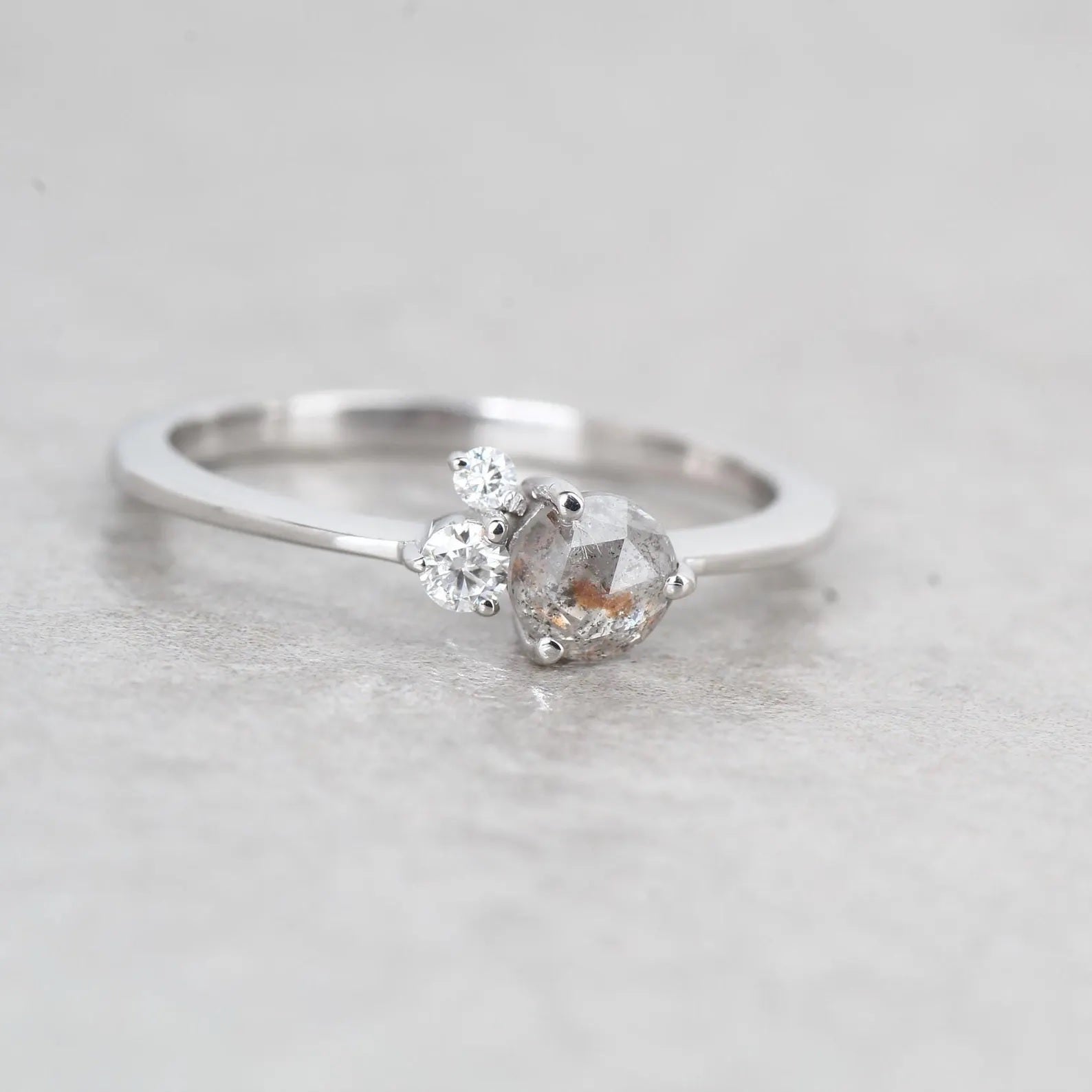 Salt and Pepper Diamond Ring, 14K White Gold Engagement Ring, Natural Round Rose Cut Gray Diamond Ring, Gift for Her