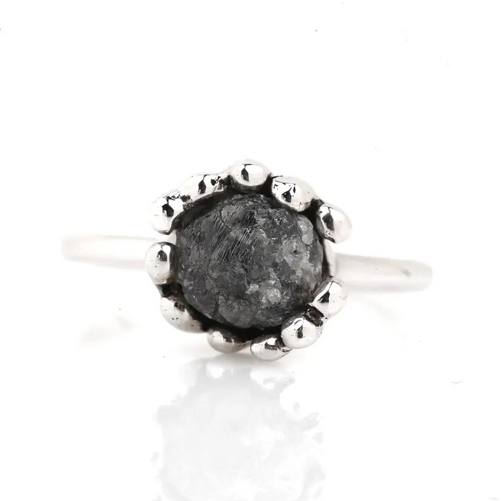 Raw Diamond Ring 14K Gold Engagement Ring, Natural Roundish Black Rough Diamond Ring, Handmade Gift for Her