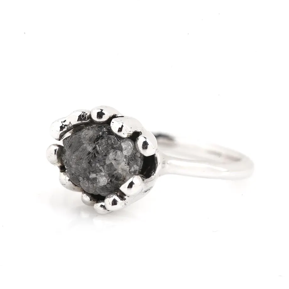 Raw Diamond Ring 14K Gold Engagement Ring, Natural Roundish Black Rough Diamond Ring, Handmade Gift for Her