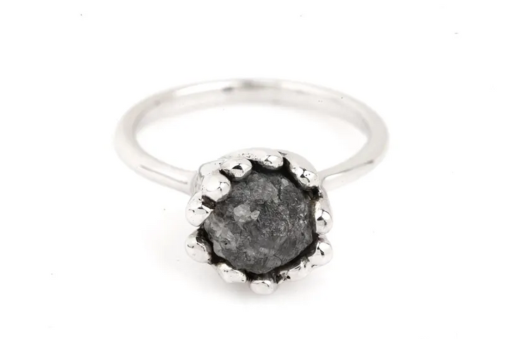 Raw Diamond Ring 14K Gold Engagement Ring, Natural Roundish Black Rough Diamond Ring, Handmade Gift for Her