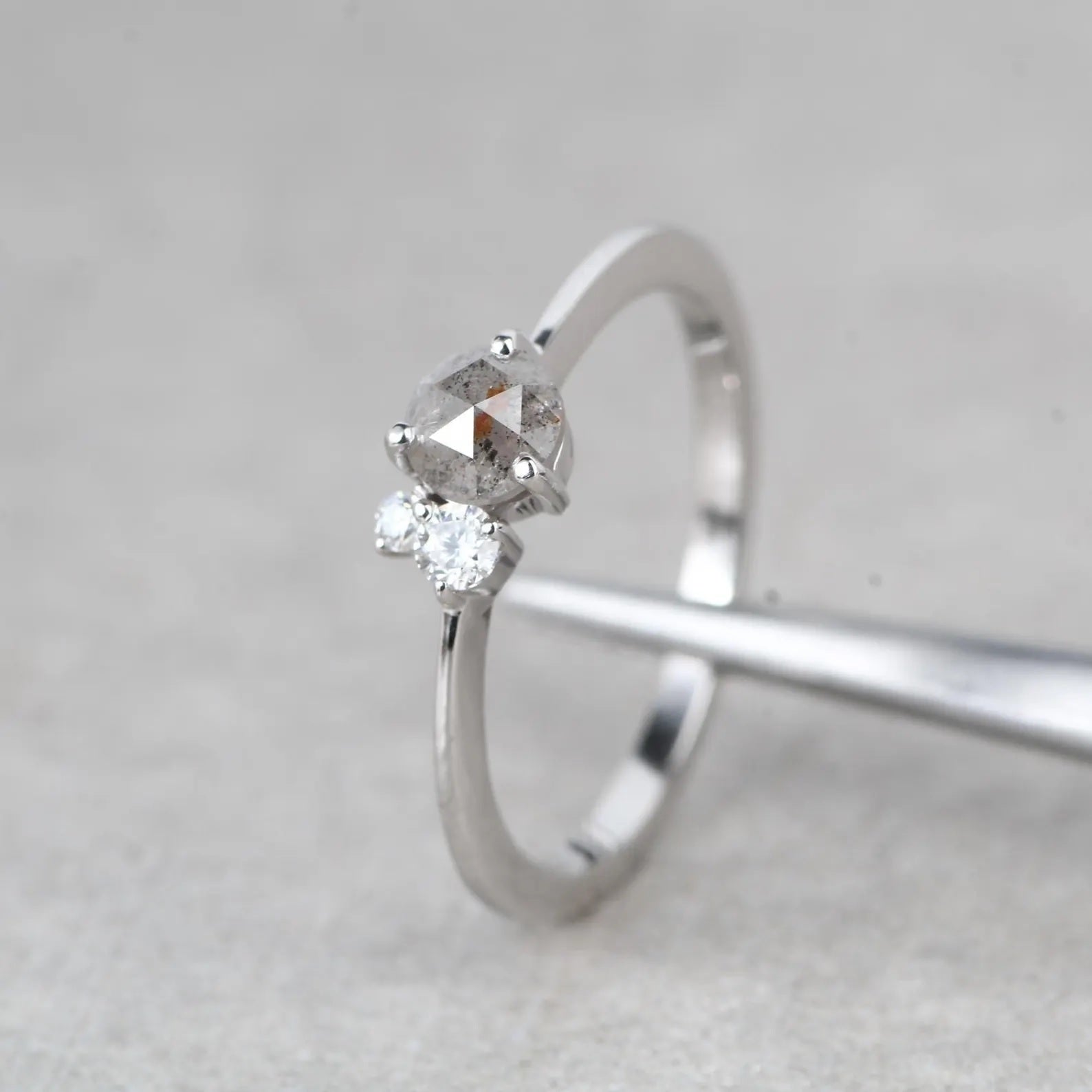 Salt and Pepper Diamond Ring, 14K White Gold Engagement Ring, Natural Round Rose Cut Gray Diamond Ring, Gift for Her