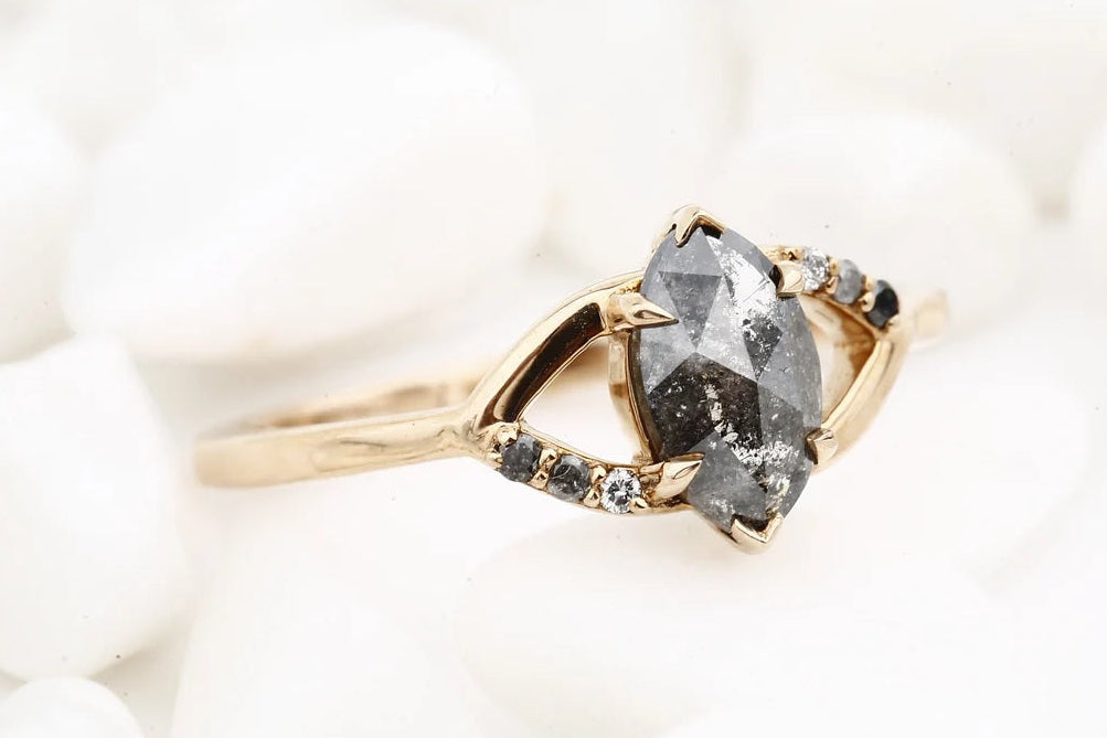 Salt and Pepper Diamond Ring, 14k Gold Engagement Ring, Natural Marquise Diamond Ring, Christmas Gift for Her