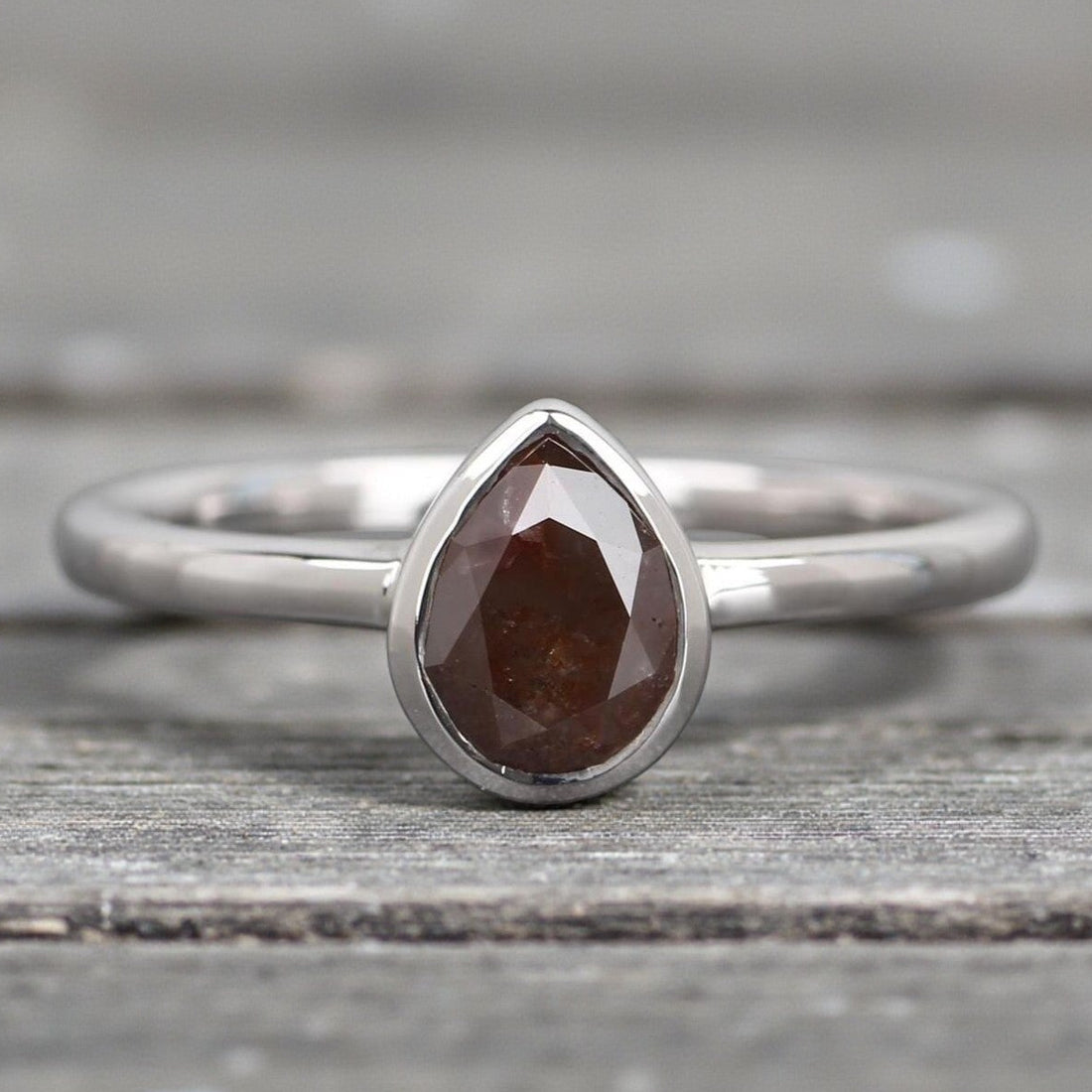 Pear Diamond Ring, 14K Gold Engagement Ring, Natural Brown Red Diamond Ring, Gift for Women