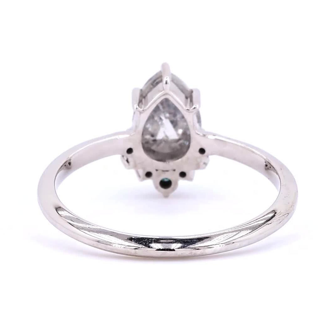 Salt and Pepper Diamond Ring, 14K Gold Engagement Ring, Natural Pear Gray Blue Diamond Wedding Ring