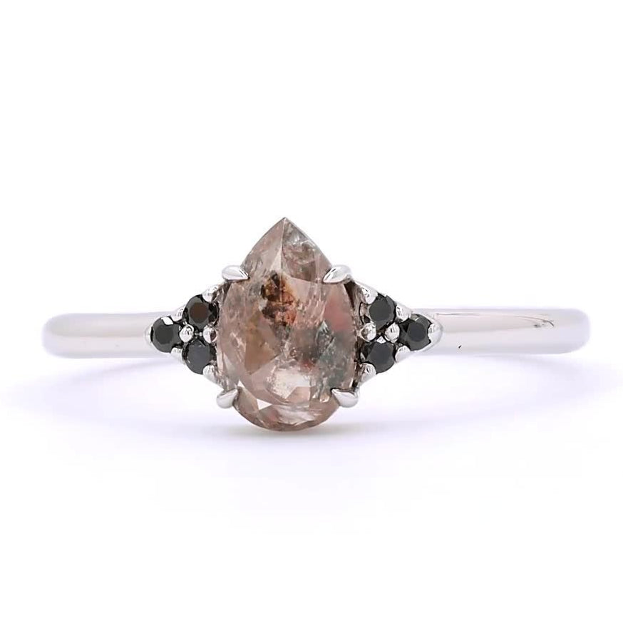 Salt and Pepper Diamond Ring, 14K Gold Engagement Ring, Natural Pear Brown Diamond Wedding Ring
