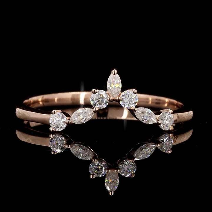 14k Gold Natural White Diamond Ring Band, Round Marquise Diamond Dainty Ring, Unique Handmade Vintage Gold Jewelry, Eternity Cluster Ring, Gift for Her
