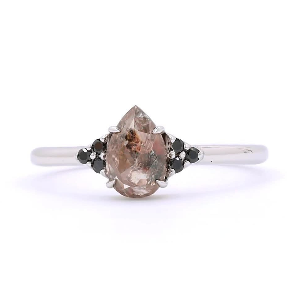 Salt and Pepper Diamond Ring, 14K Gold Engagement Ring, Natural Pear Brown Diamond Wedding Ring