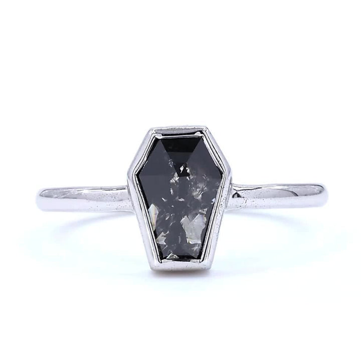 Salt and Pepper Diamond Ring, Natural Coffin Gray Diamond Wedding Ring, 14k Solid Gold Bezel Wedding Ring