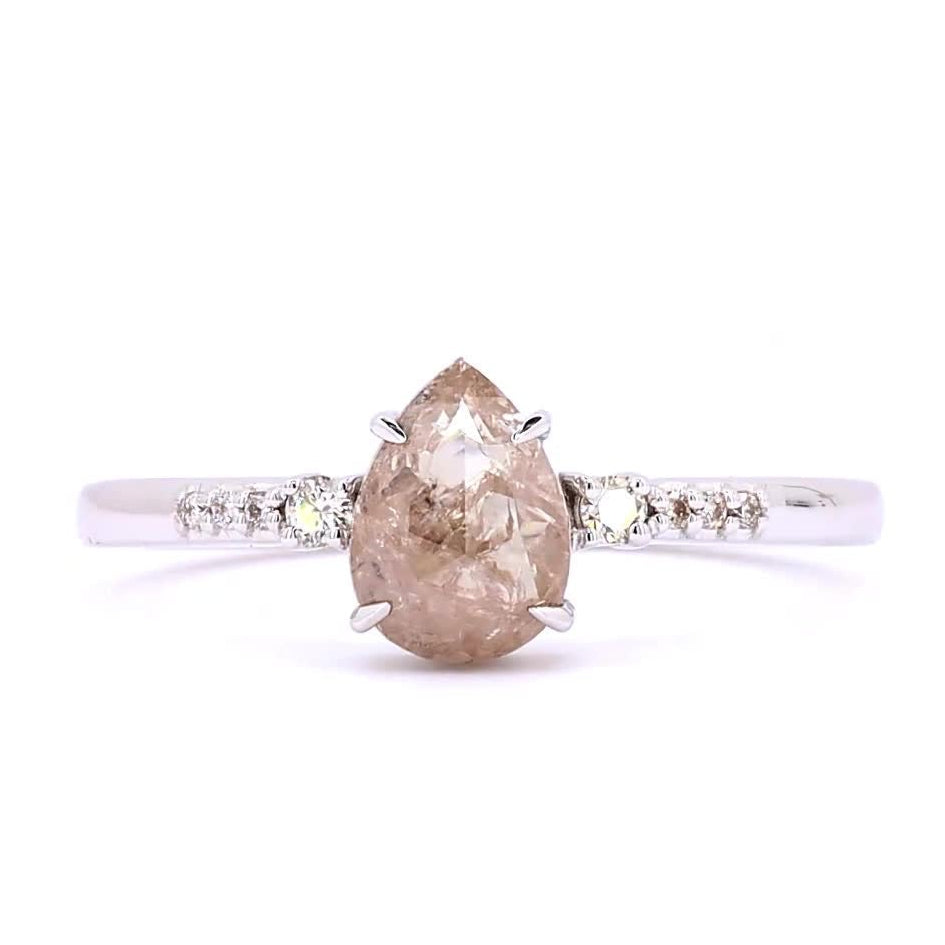 Salt and Pepper Diamond Ring, 14K Gold Engagement Ring, Natural Pear Brown Diamond Ring, Valentine Gift for Her