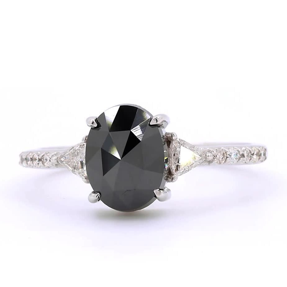 Black Diamond Ring, 14K Gold Engagement Ring, Natural Oval Triangle Diamond Ring, Gift for Her