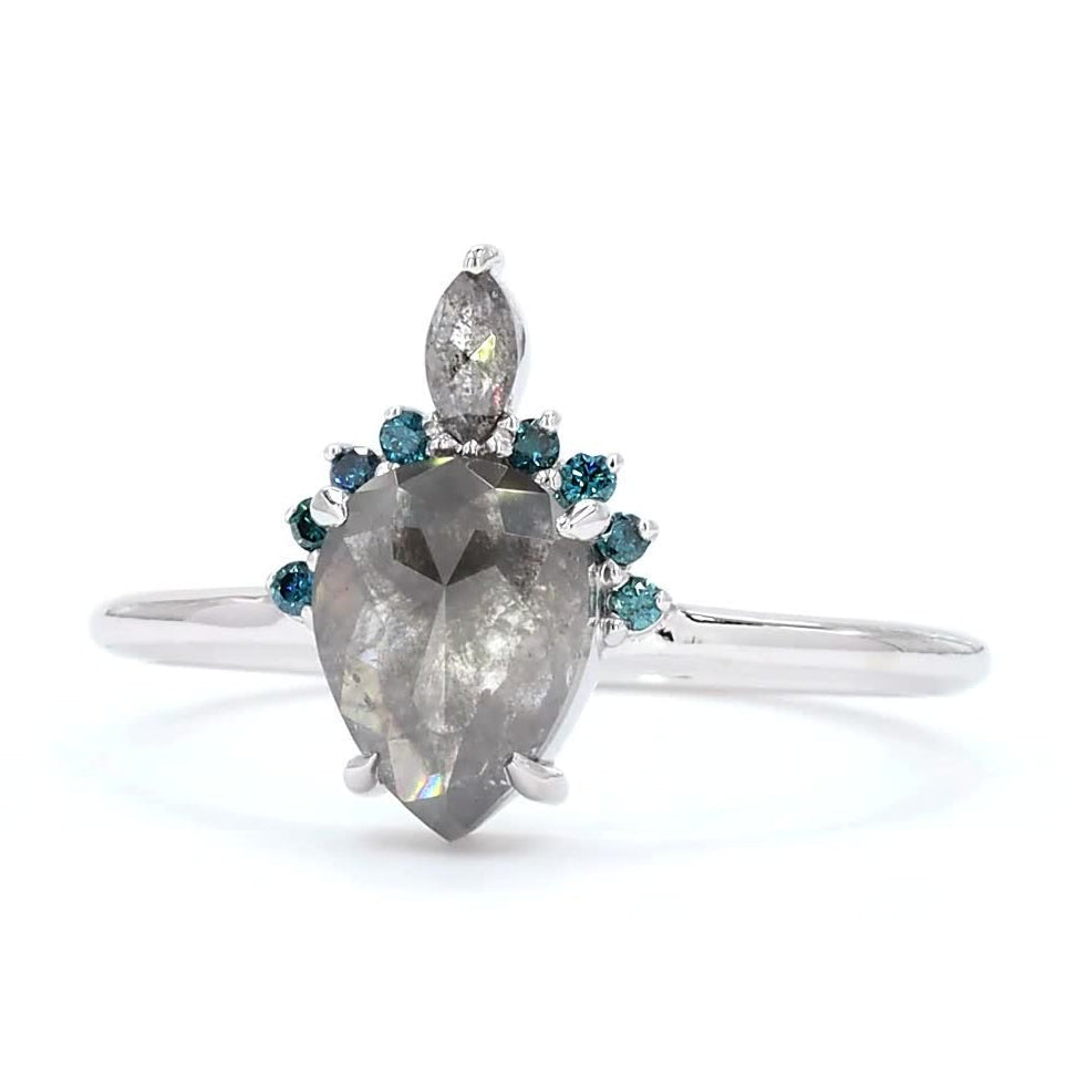 Salt and Pepper Diamond Ring, 14K Gold Blue Engagement Ring, Natural Pear Gray Diamond Wedding Ring