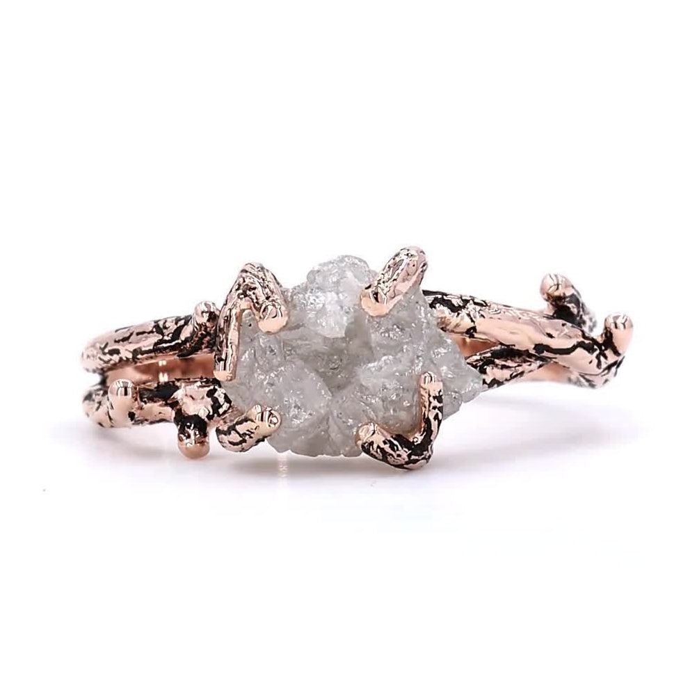 Snow White Raw Diamond Ring, 14K Gold Engagement Ring, Natural Rough Diamond Twing Ring, Handmade Gift for Her