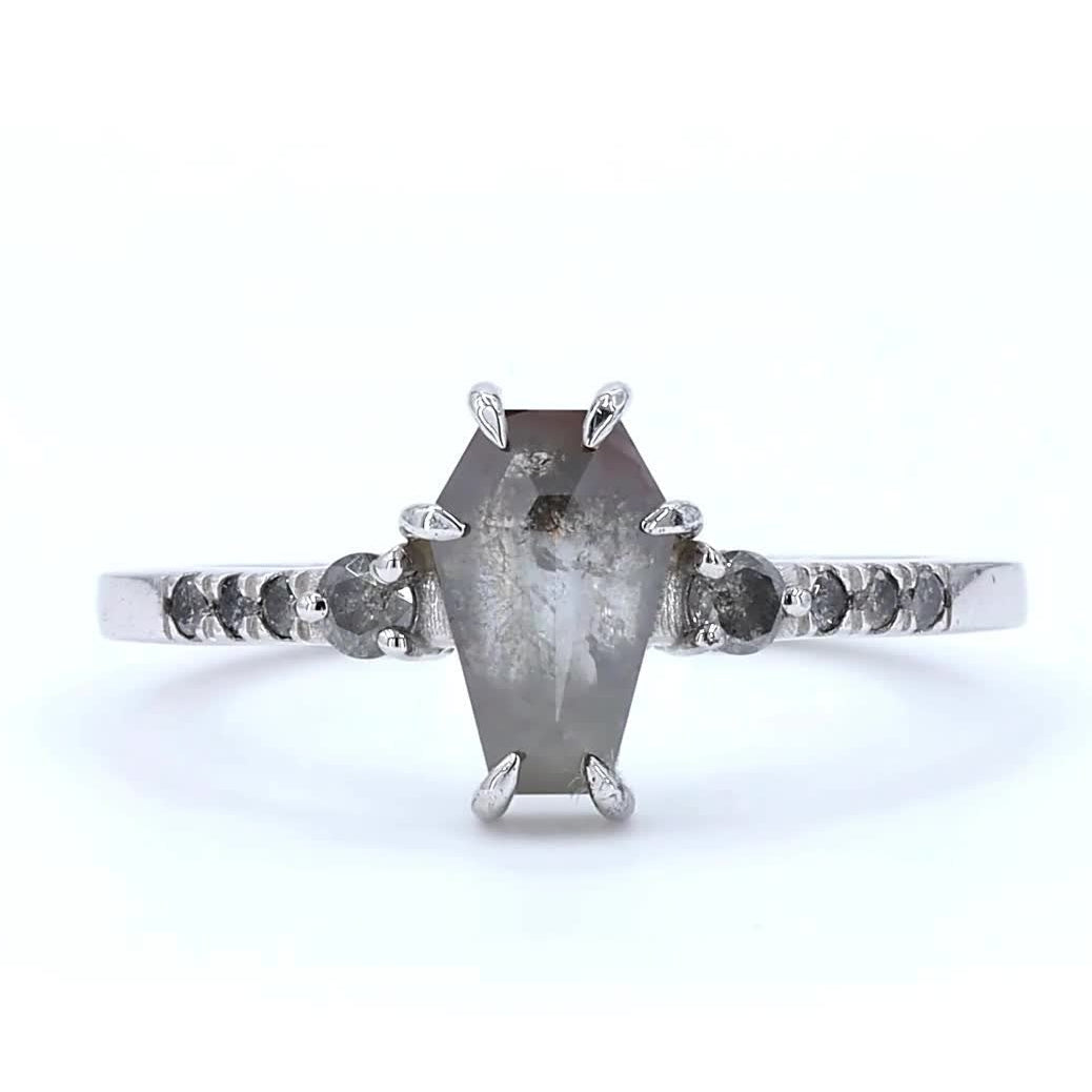 Salt and Pepper Diamond Ring, Natural Coffin Gray Diamond Engagement Ring, 14k Solid Gold Wedding Ring