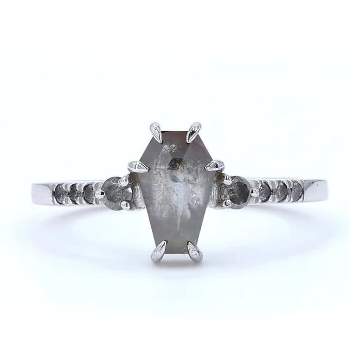 Salt and Pepper Diamond Ring, Natural Coffin Gray Diamond Engagement Ring, 14k Solid Gold Wedding Ring