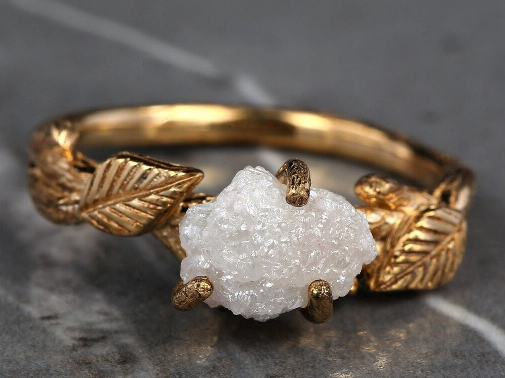 Rough Diamond Ring, 14K Gold Anniversary Ring, Tree Branch Black Raw Twig Engagement Ring, Gift for Her