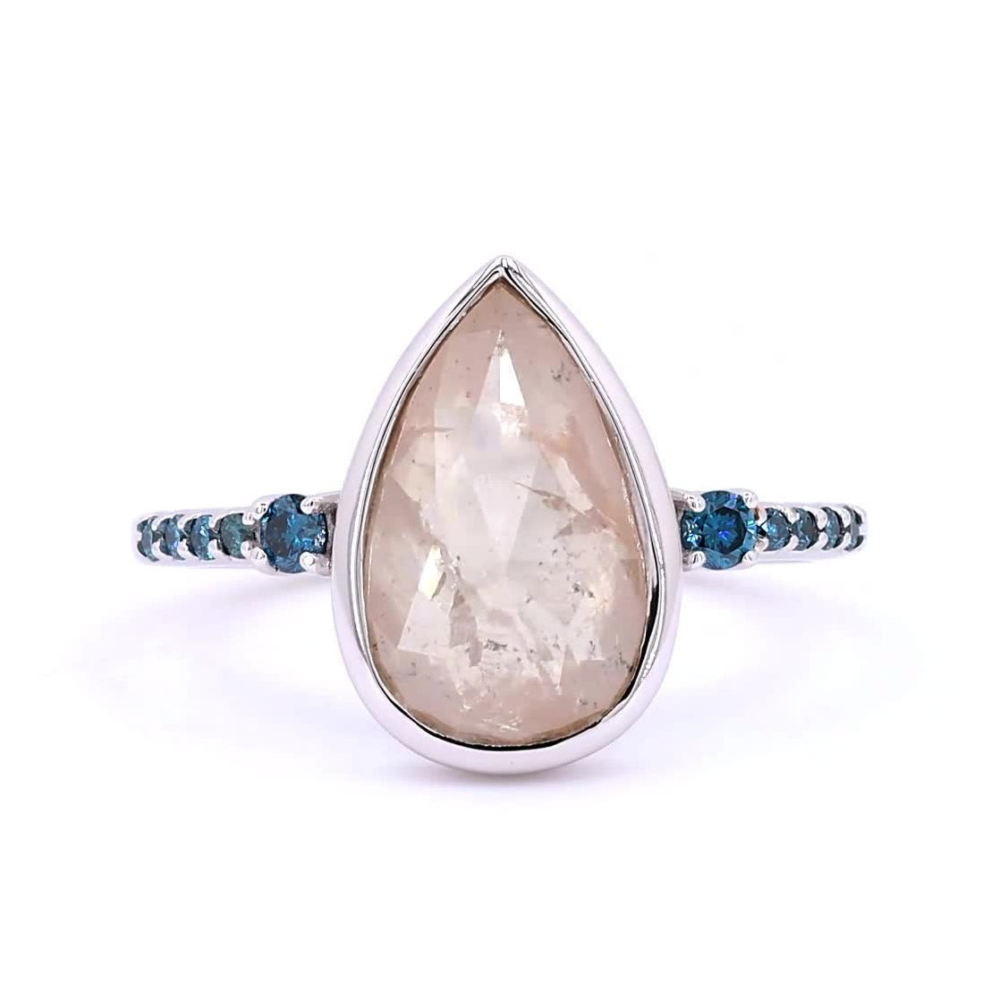 Salt and Pepper Diamond Ring, 14k Gold Pear Engagement Ring, Natural Round Blue Diamond Ring, Gift for Her