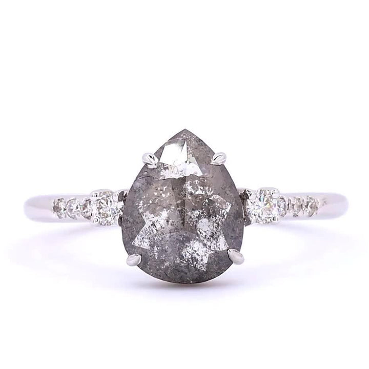 Salt and Pepper Diamond Ring, 14K Gold Engagement Ring, Natural Pear Gray Diamond Wedding Ring