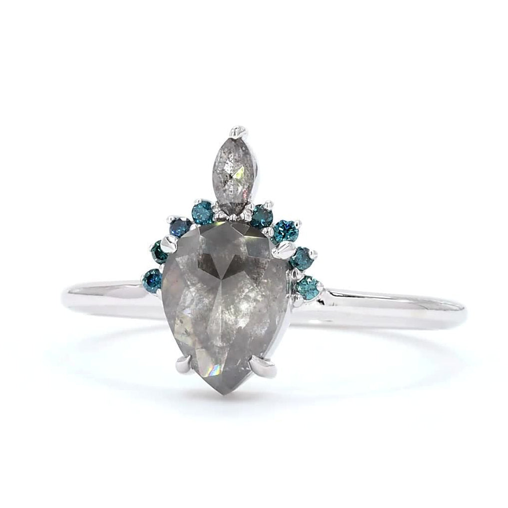 Salt and Pepper Diamond Ring, 14K Gold Blue Engagement Ring, Natural Pear Gray Diamond Wedding Ring